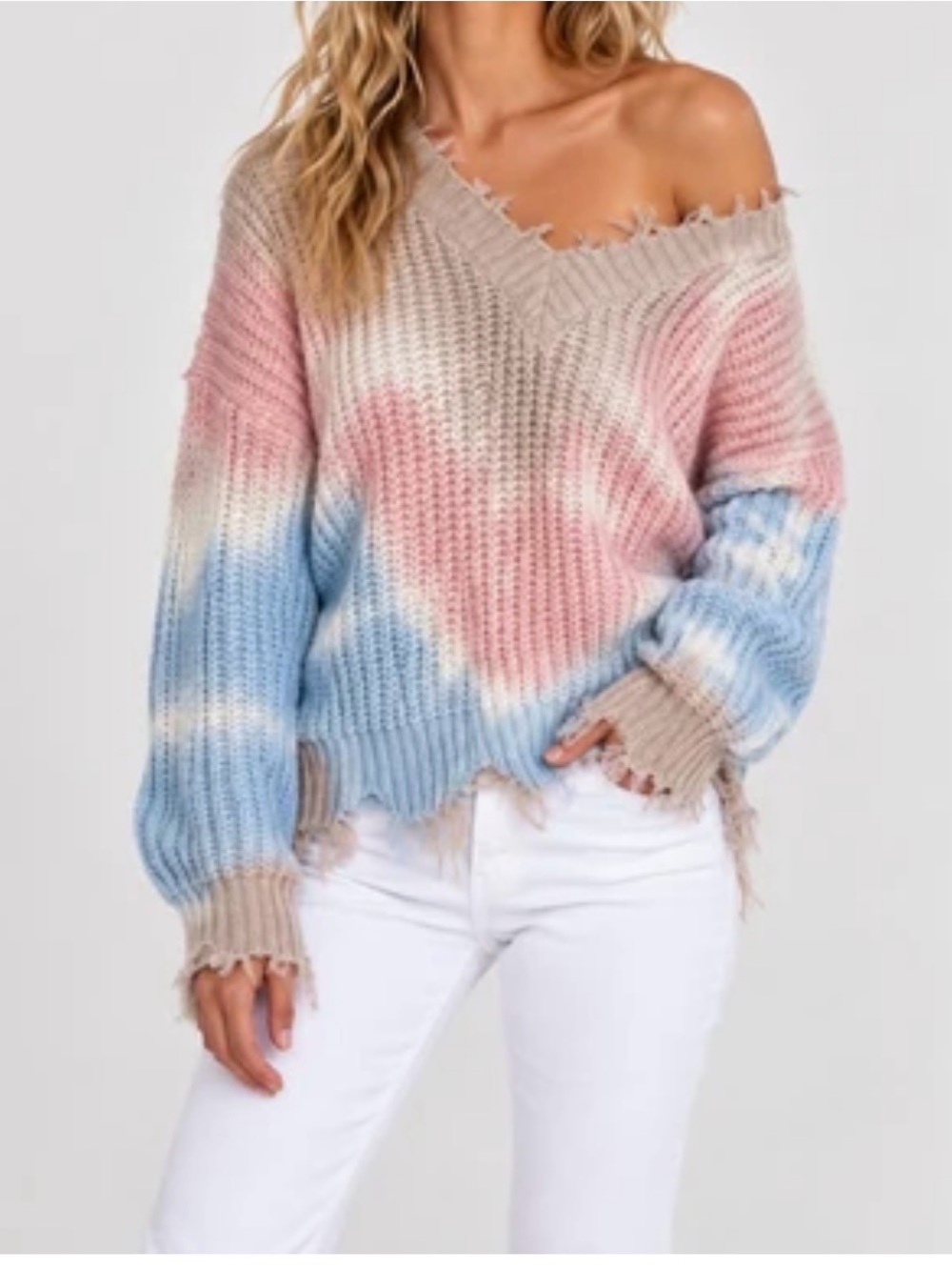 Main Strip Distressed Colorblock V Neck Sweater Pink Blue Cream
